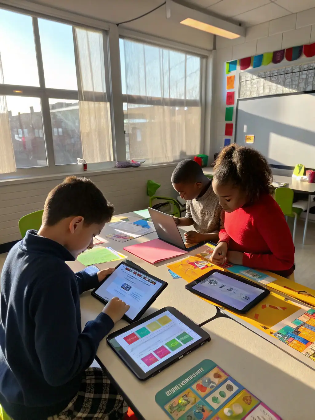 A vibrant image showcasing students and teachers collaboratively using the educational cloud platform on tablets in a modern classroom setting, emphasizing interactive learning.