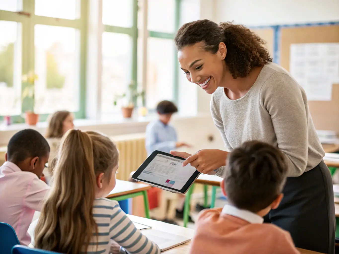 An inspiring image of a teacher using AI-powered tools to create personalized lesson plans and provide individualized feedback to students, fostering a more engaging and effective learning environment.